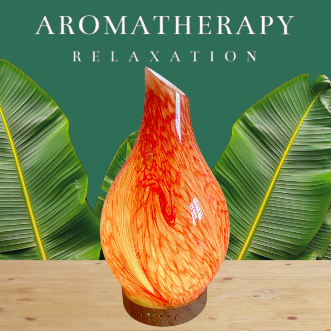 Diffuser - Coloured Glass for Essential Oils with Calming Soft light and Spray Mist - Orange with multicolour light option